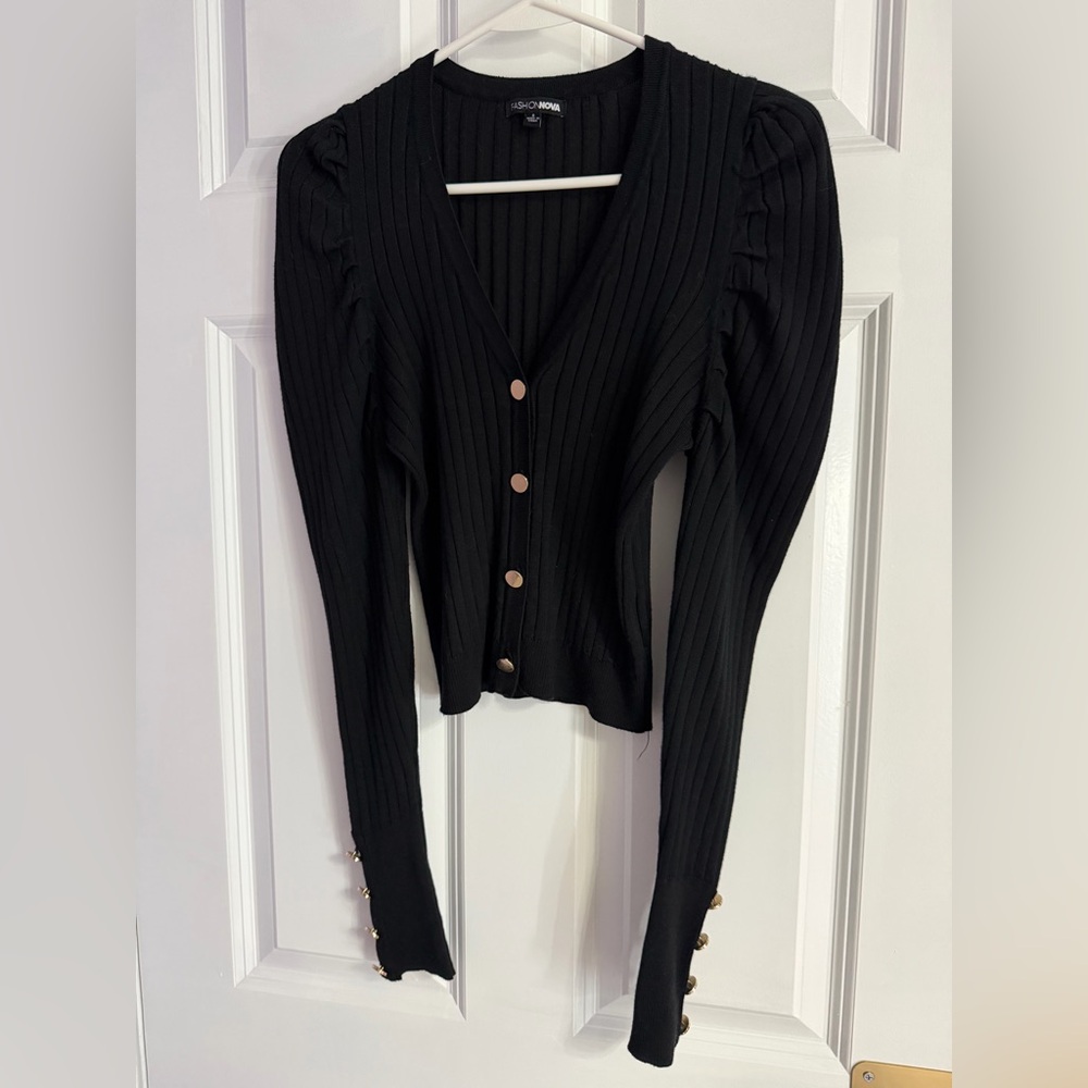 Black Ribbed Cardigan with Gold Buttons